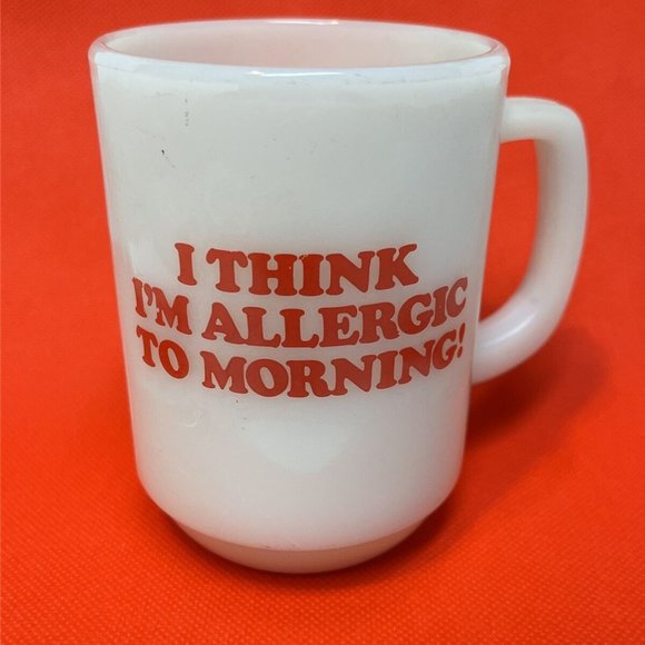 Snoppy Fire King 1958 Coffee Mug I Think I'm Allergic To Mornings Peanuts Schulz - Picture 2 of 8